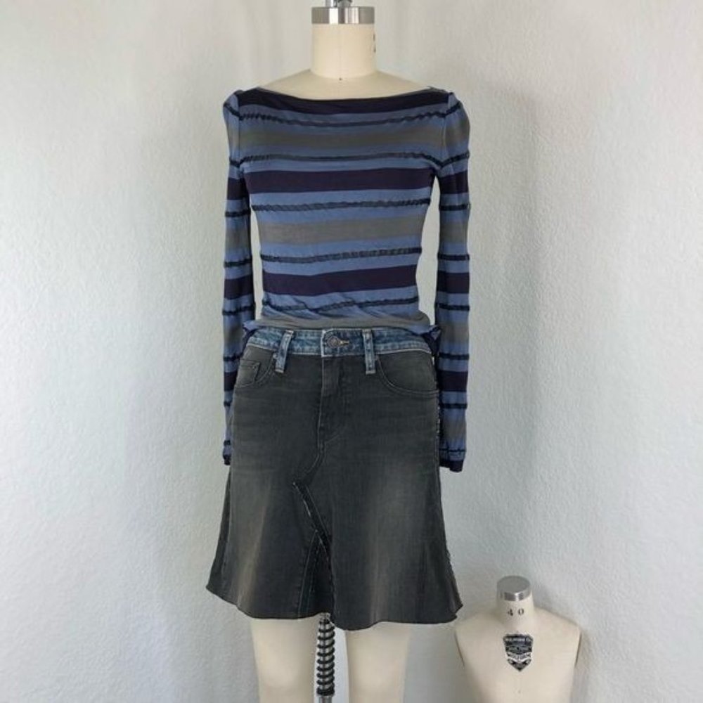 6397 Reconstructed Dirty Fade Two Tone Undone Cut Off Denim Mini Skirt